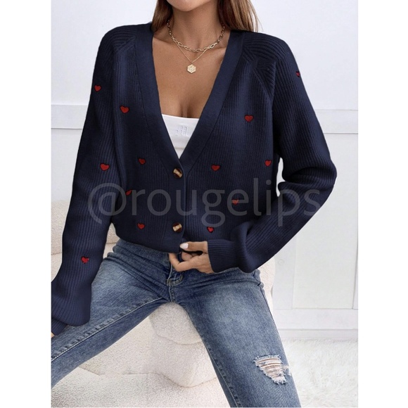 Embroidered Red Hearts Cardigan Navy Blue Oversized - Picture 3 of 9